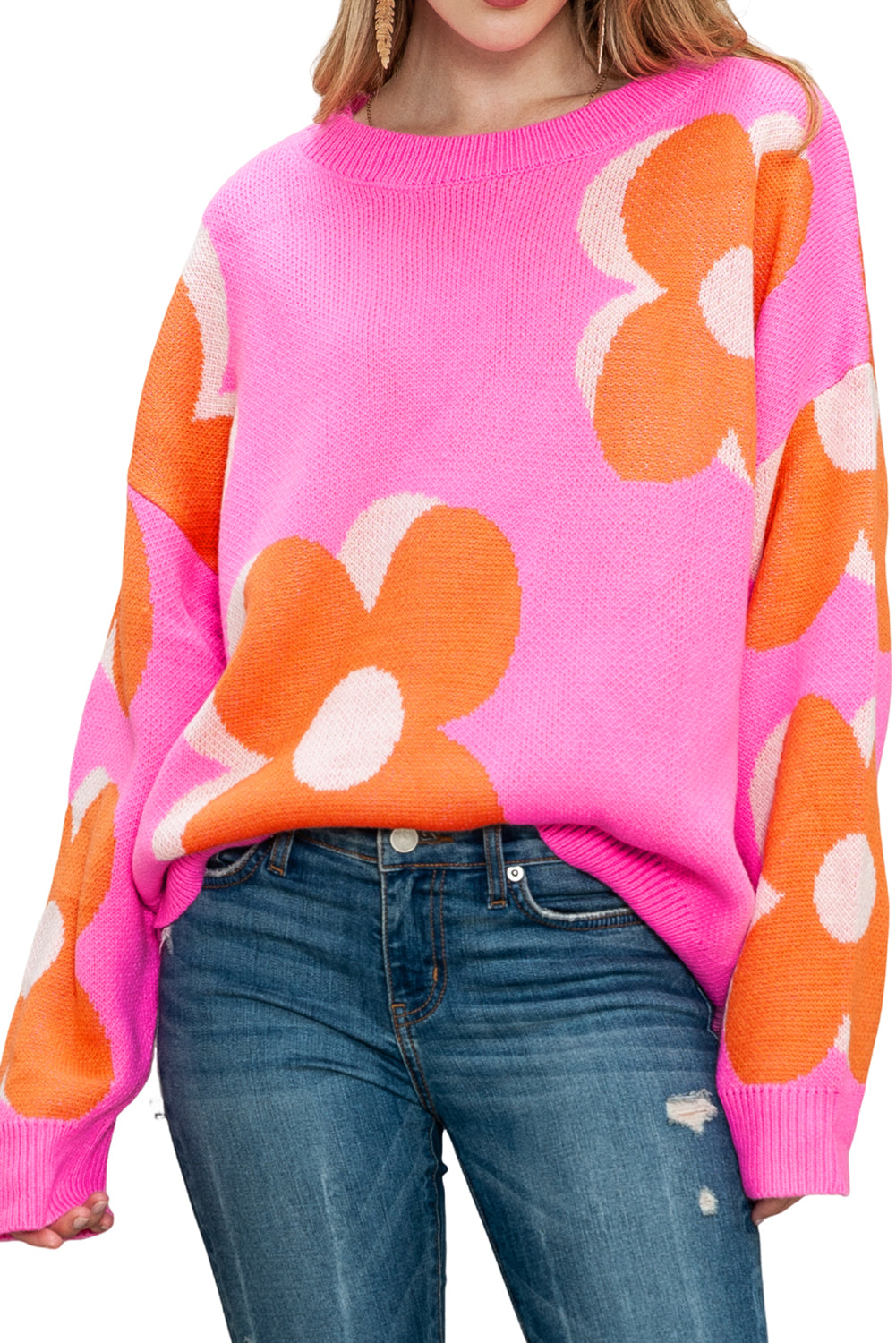 Pink & Orange 60s Floral Cable Knitted SweaterMaterial:100%Acrylic



		Add a pop of color and style to your wardrobe with our Pink &amp; Orange Floral Cable Knitted Sweater. This sweater features a vibrant fl