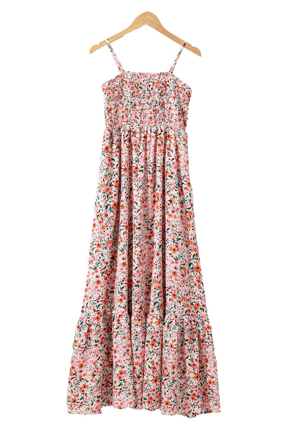 White Boho Floral Self-tie Smocked Ruffle Maxi DressMaterial:100%Polyester


	


		The maxi dress showcases a bohemian-inspired style with its floral print and smocked details, perfect for embracing a romantic and