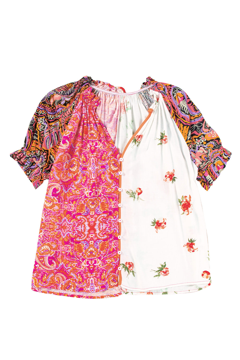 Multicolor Boho Floral Patchwork Frill Neck Short Sleeve BlouseMaterial:100%Viscose



		This blouse is designed with a frill neck and short sleeves, creating a feminine and playful look that is perfect for both casual and dre