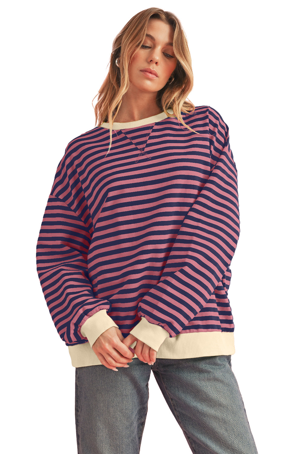 Red Stripe Contrast Edge Oversized PulloverMaterial:95%Cotton+5%Elastane


 Size Chart (CM)



Sizes 



Bust
 



Hem_Width
 



Shoulder
 



Sleeve_Length
 



Length
 





Relax
 



Relax
 



Relax
 