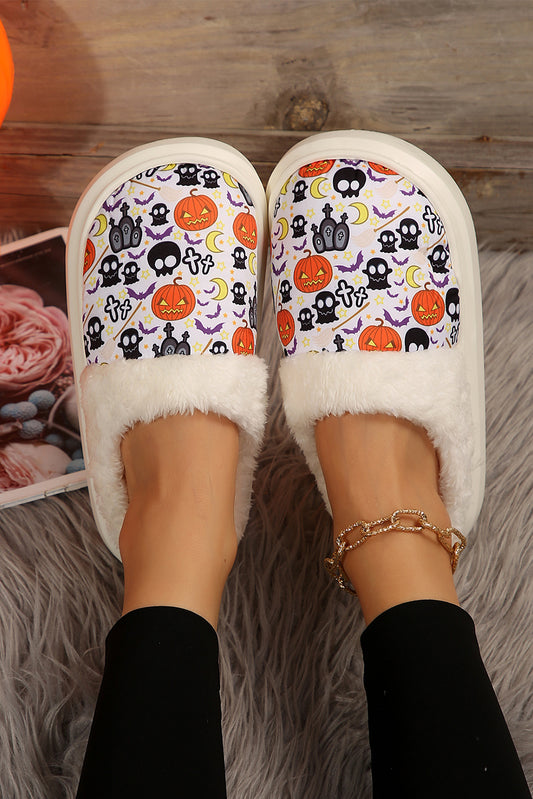 White Halloween Pumpkin Ghost Print Plush Home Slippers• Luxuriously soft and cozy, these plush home slippers feature a charming Halloween pumpkin ghost print, perfect for adding a festive touch to your loungewear.
• Th