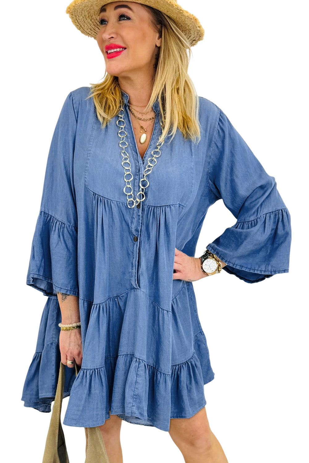 Black Chambray Ruffled 3/4 Sleeve Tiered Split V Neck Mini Dress