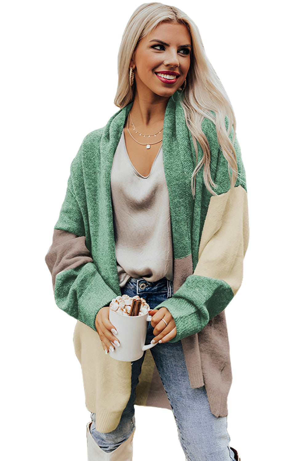 Green Colorblock Draped Open Front Cardigan