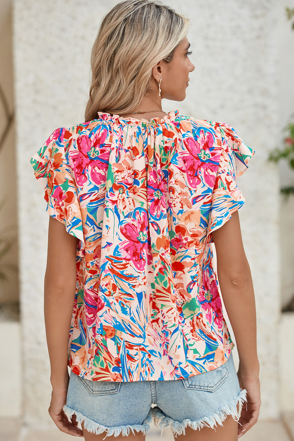 Multicolour Floral Print Tied V-Neck Ruffle Sleeve BlouseMaterial:100%Polyester



		The blouse is a vibrant and charming addition to your wardrobe.
	
	
		Featuring a beautiful floral print and tied V-neck, this blous