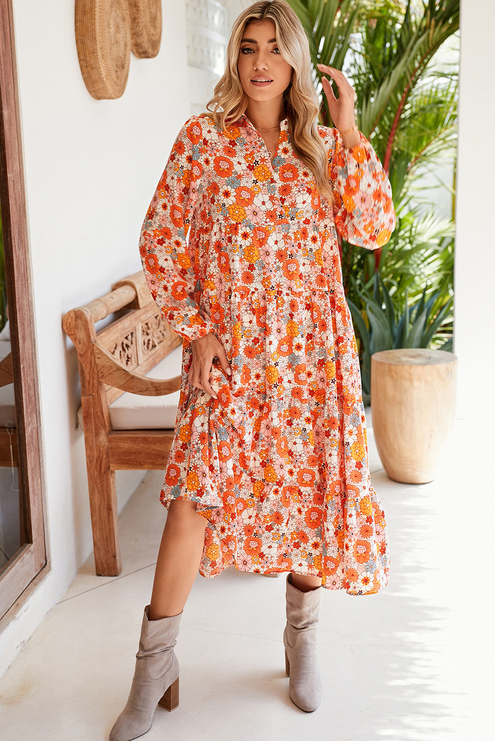 Multicolor Boho Floral Collared Long Sleeve DressMaterial:100%Polyester


	


		The dress is a whimsical and free-spirited dress that showcases a beautiful array of multicolor floral patterns.
	
	
		The coll