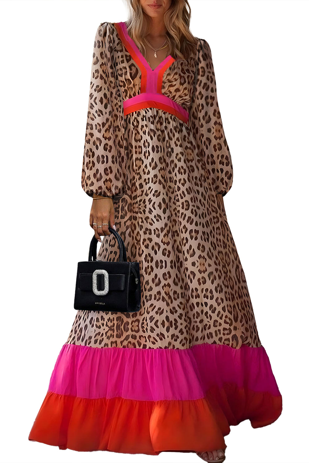 Brown Leopard Color Block V Neck Loose Fit Maxi DressMaterial:100%Polyester

• Embrace your wild side with the dress, a fusion of bold leopard print and chic color blocking. 
• The loose fit design ensures comfort an