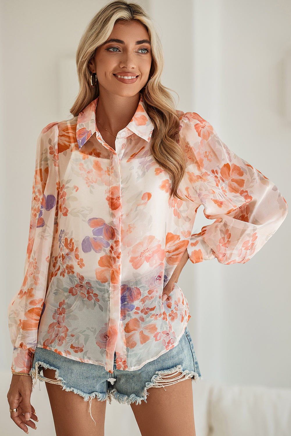 White Floral Print Buttoned Balloon Sleeve Loose Shirt