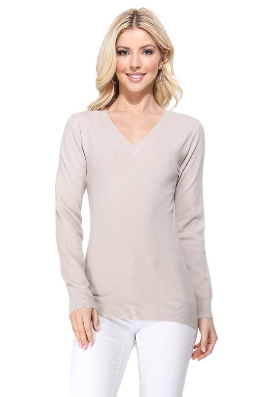 Women's Long Sleeve V-Neck Pulll Over Sweater Top- 25"-26.5" Length, V-Neck, Long Sleeve, Casual, Basic, and Classic Viscose Knitted Pullover Sweater- Lightweight Knit Pullover Sweater with High Quality Soft Viscos