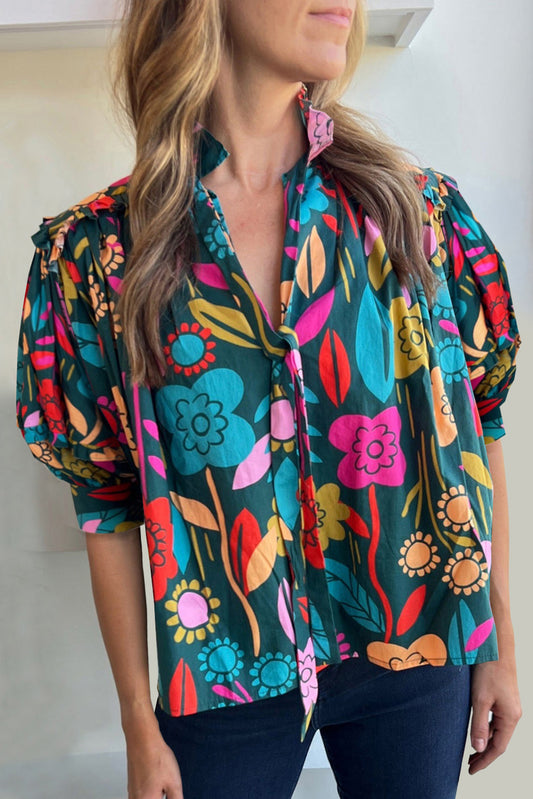 Green 60s Floral Print Puff Sleeve Tied V Neck BlouseMaterial:100%Cotton



		The blouse features a vibrant and eye-catching floral print, adding a pop of color and liveliness to your outfit.
	
	
		This blouse is 