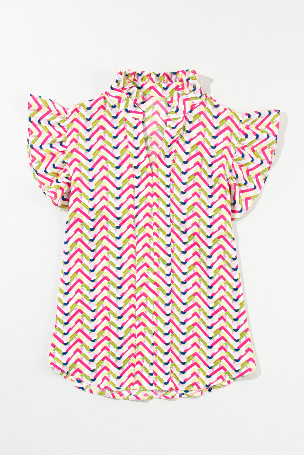 Multicolor Chevron Print Frill V Neck Ruffle BlouseMaterial:100%Polyester



		Be a style icon in this printed blouse
	
	
		This stylish top is featured with chevron print all over
	
	
		It has a ruffled notc