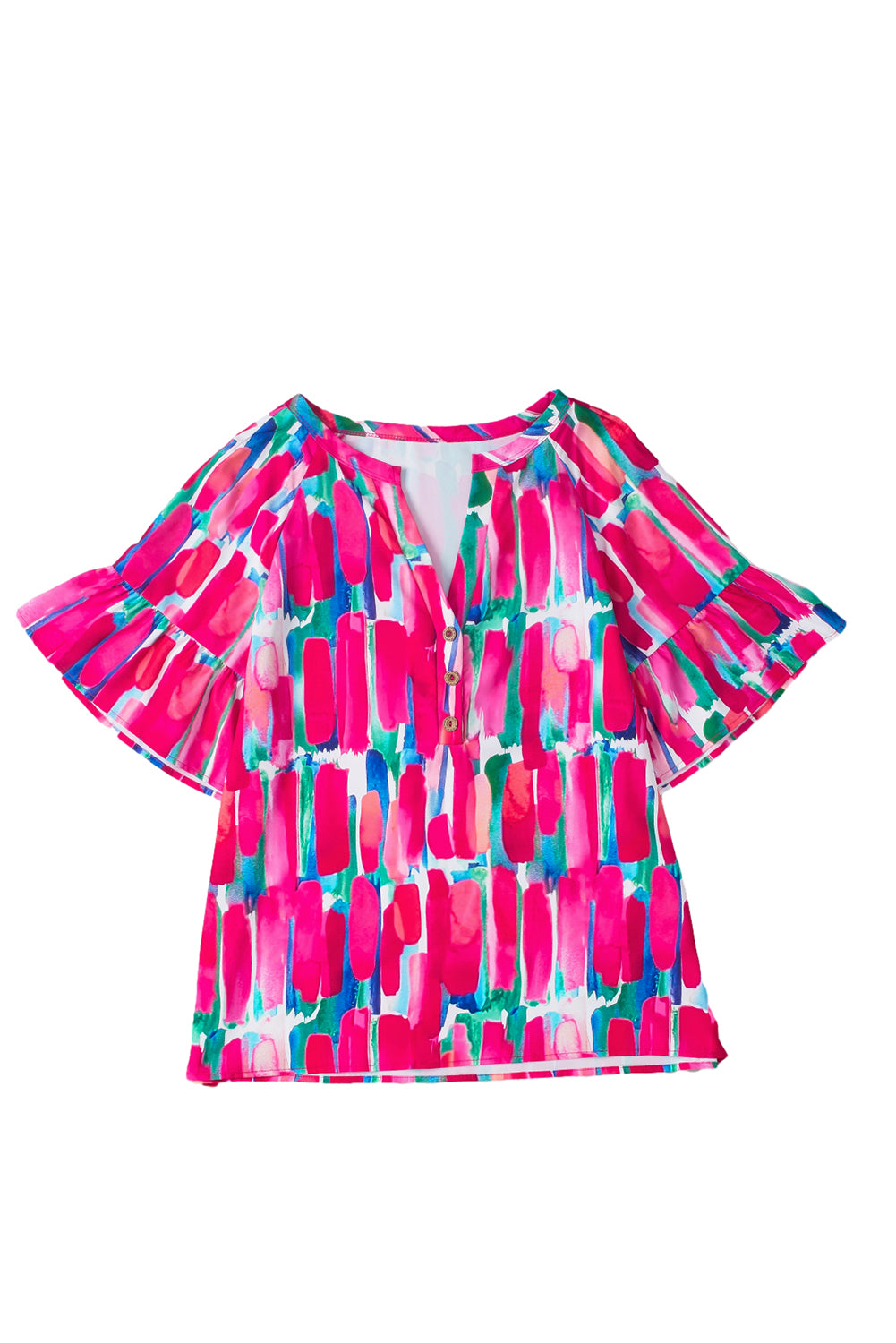 Rose Abstract Brushwork Print Buttoned V Neck BlouseMaterial:100%Polyester



		The abstract brushwork print on this blouse adds a chic and unique touch, making it stand out in style. 
	
	
		Crafted from lightwei