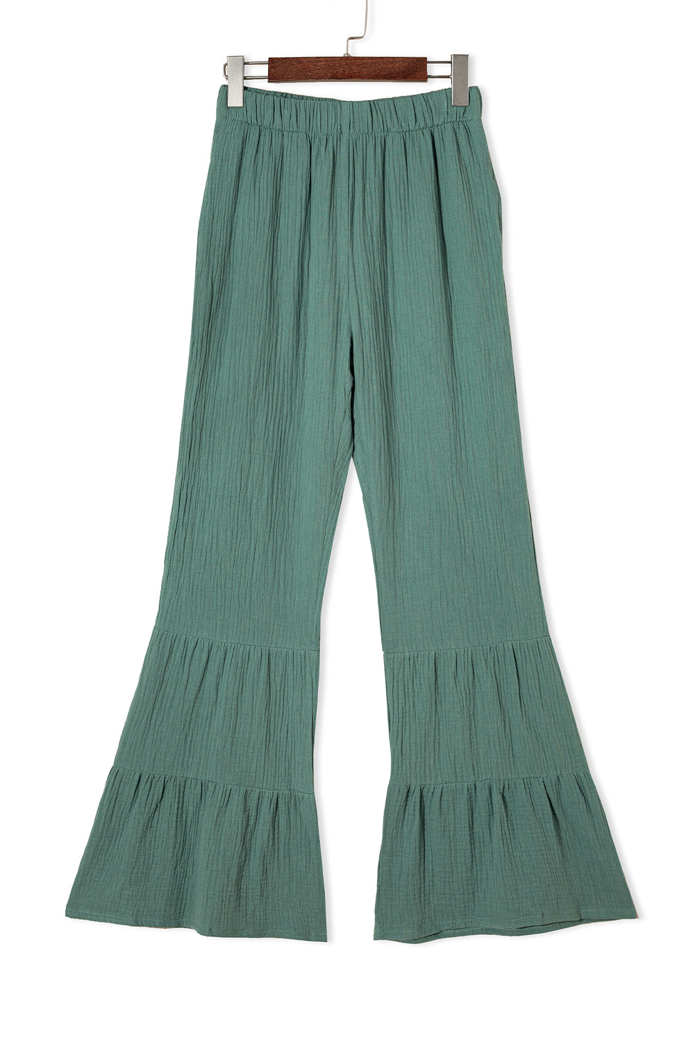 Black Plain Cotton Tiered Ruffle Flare High Waisted PantsMaterial:100%Cotton


	


		The vibrant green color adds a pop of color to your outfit, while the ruffle detailing brings a touch of femininity and flair.
	
	
