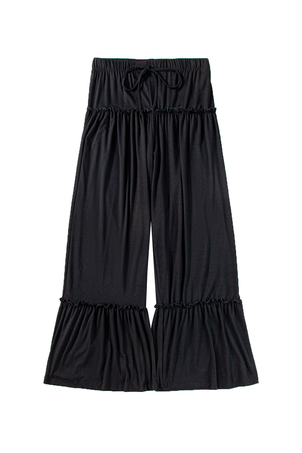 Black Frill Detail Drawstring High Waist Wide Leg PantsMaterial:65%Polyester+30%Viscose+5%Elastane



		Effortlessly stylish: Loose fit and wide leg design for a chic and contemporary look.
	
	
		Versatile and easy 