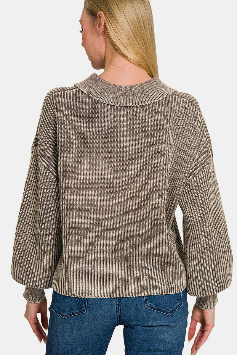 Zenana Washed Half Button Long Sleeve SweaterAdd a touch of casual sophistication to your wardrobe with this Washed Half Button Long Sleeve Sweater. The half button design gives it a unique and stylish look tha