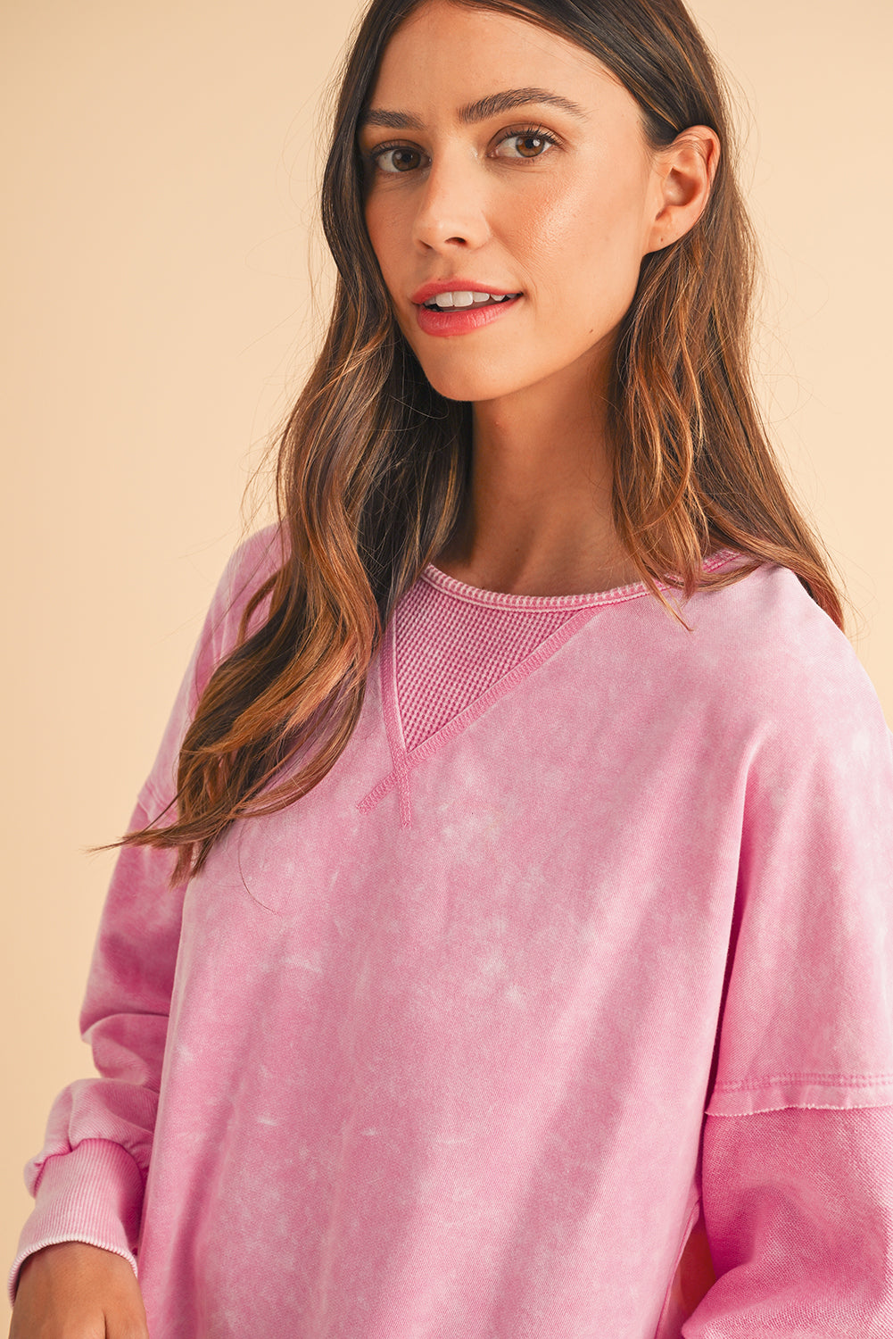 Orchid Petal Mineral Wash Drop Shoulder Oversized SweatshirtMaterial:85%Cotton+15%Polyester

• The unique patchwork design adds a stylish twist to your casual look.
• Enjoy the comfort of the oversized fit and drop shoulder