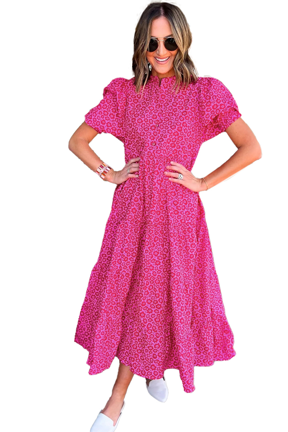 Rose Red Mock Neck Puff Sleeve Floral Tiered Maxi DressMaterial:100%Cotton

• Embrace romantic vibes with the maxi dress, featuring intricate flower prints that exude elegance and charm.
• Stand out with the unique puf