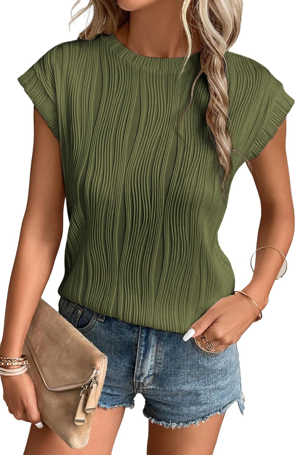 Jungle Green Wavy Textured Cap Sleeve TopMaterial:90%Polyester+10%Elastane


	


		The top features a unique wavy texture, adding a touch of visual interest to your outfit.
	
	
		Made from a soft and