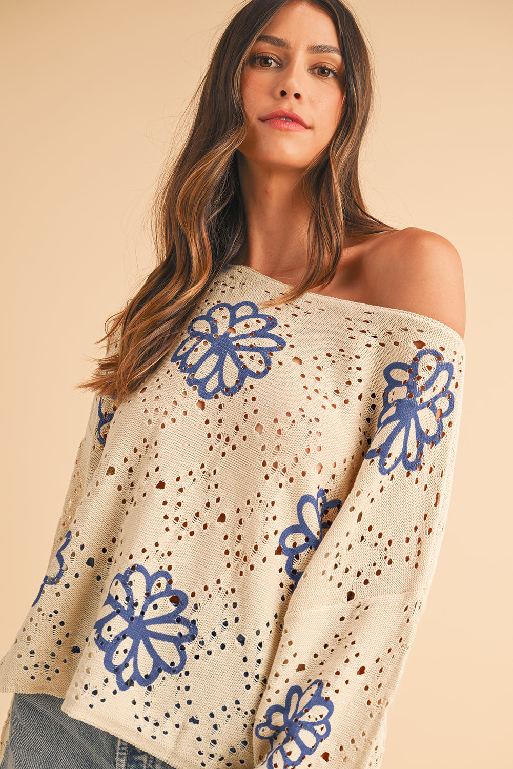 Beige Flower Print Drop Shoulder Hollow Knit Sweater