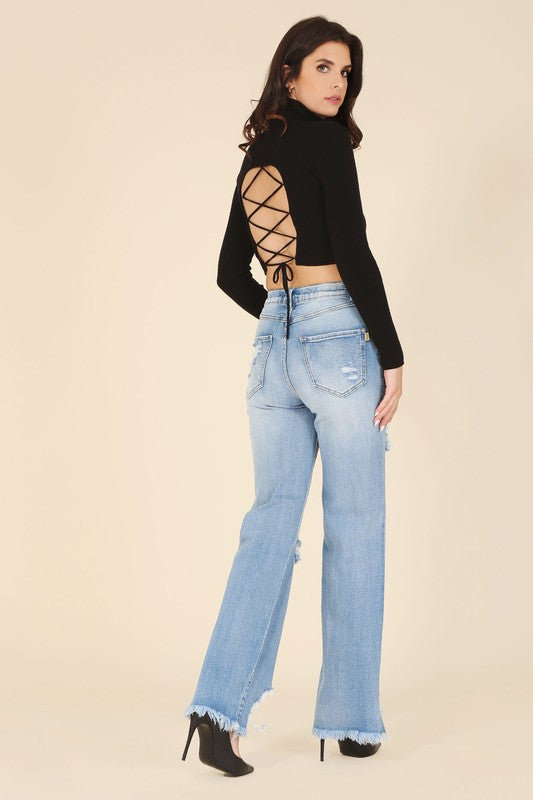 Mock neck lace-up open back top- Mock neck lace-up open back top, open back withstring closure, binding edge at open back, belt loop at string- Pattern type : solid for black, leopard print for le