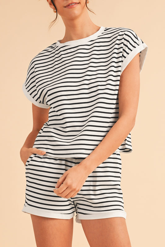 White Stripe Contrast Trim Rib Tee and Pocketed Shorts Set