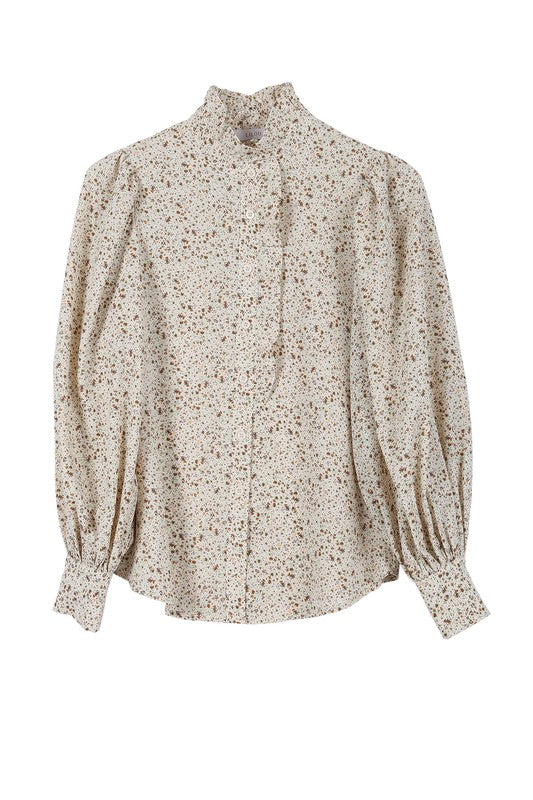 Stand collar floral frill blouse- Stand collar floral frill blouse, shirring at stand collar, shoulder and cuff, ruffle at center front until half up, 7 buttons at center front opening and 3 button