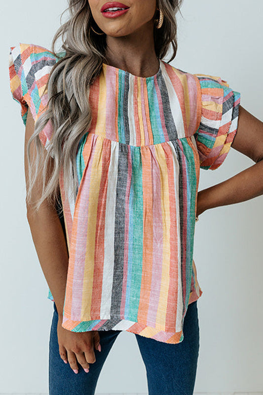 Multicolor Striped Back Button Keyhole Layered Sleeve BlouseMaterial:100%Polyester



		Vibrant and eye-catching striped print design.
	
	
		Tiered sleeves add a unique and stylish touch to the blouse.
	
	
		Pair with