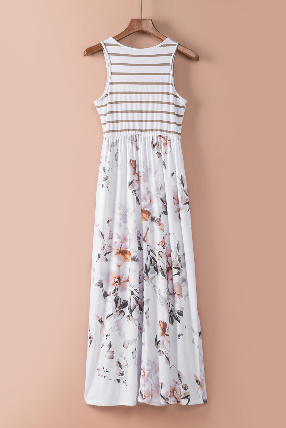 White Boho Stripes & Floral Print Floor Length Tank DressMaterial:95%POLYESTER+5%ELASTANE



		•Easy Match: This long dress goes well with sandals, high heels, a hat, or worn with a pretty necklace for a fashion look, wh