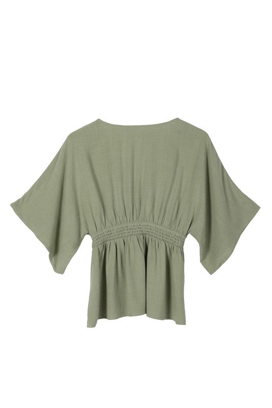 SS deep V neck button down top*Deep V neckline button down blouse with draped sleeves*Pattern type : solid* Color : sage*Neck line : V neck*Sleeve type : kimono sleeves*Sleeve length : short slee