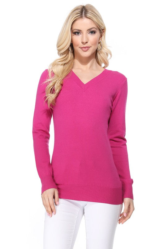 Women's Long Sleeve V-Neck Pulll Over Sweater Top- 25"-26.5" Length, V-Neck, Long Sleeve, Casual, Basic, and Classic Viscose Knitted Pullover Sweater- Lightweight Knit Pullover Sweater with High Quality Soft Viscos