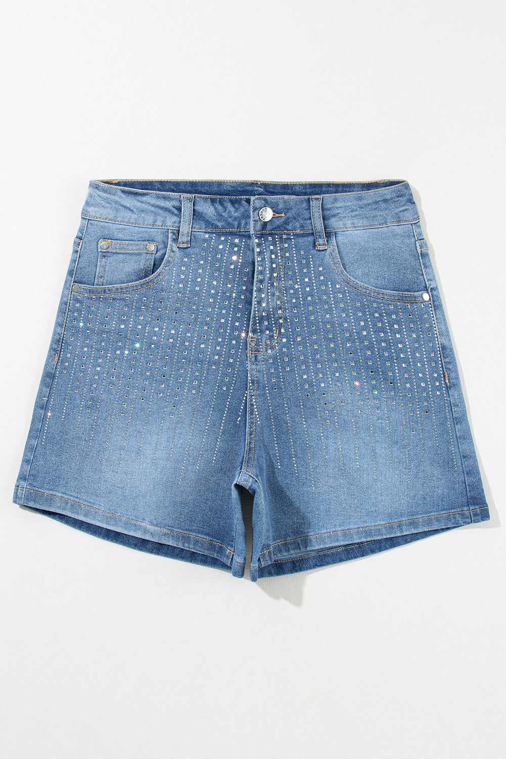 Ashleigh Blue Rhinestone Embellished Denim ShortsMaterial:55%Cotton+42%Viscose+3%Elastane

• Elevate your summer style with the shorts, featuring dazzling rhinestone embellishments that catch the light for a glamo