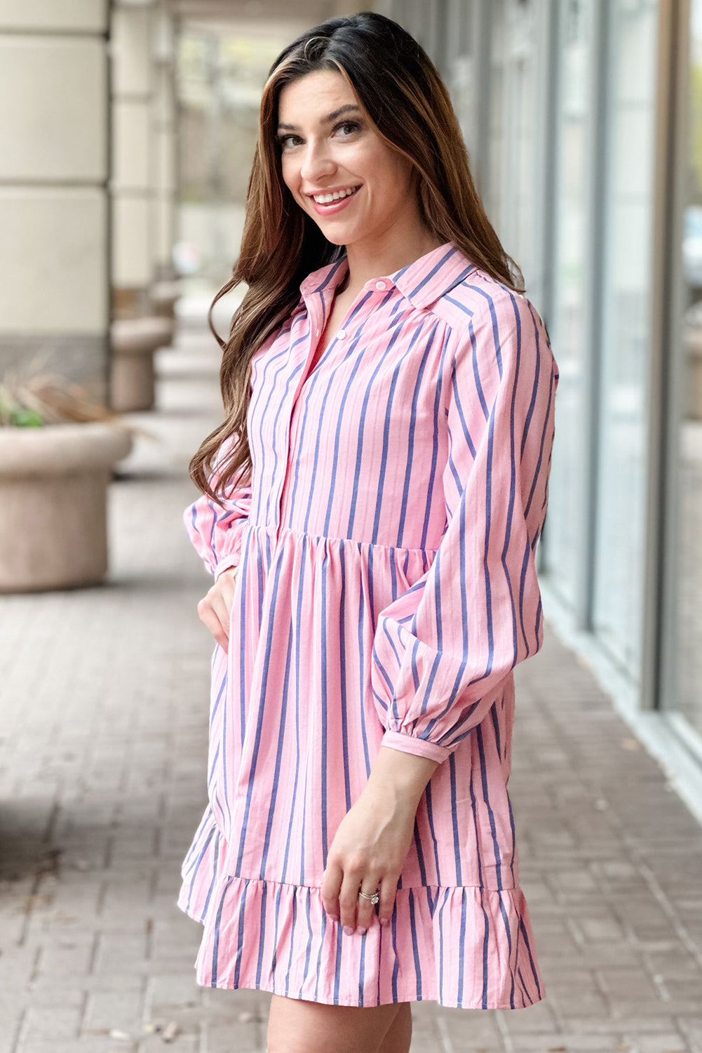 Pink Striped Button-up Mini Shirt Dress