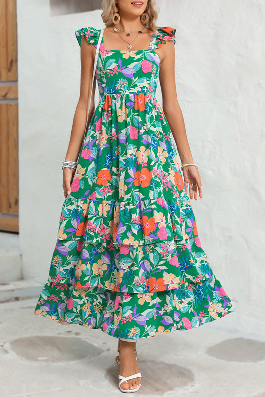 Green Boho Floral Print Ruffle Sleeveless Tiered Maxi DressMaterial:100%Polyester



		This flowy dress is perfect for warm weather or beach outings
	
	
		The ruffled shoulder strap adds movement and an extra layer of v