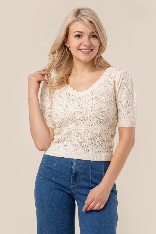 Crochet knit top- Crochet knit top- Pattern type : solid- Neck line : scallop V neck- Sleeve type : puff sleeves- Sleeve length : short sleeves- Stretch : stretch- Sheer : sheer due