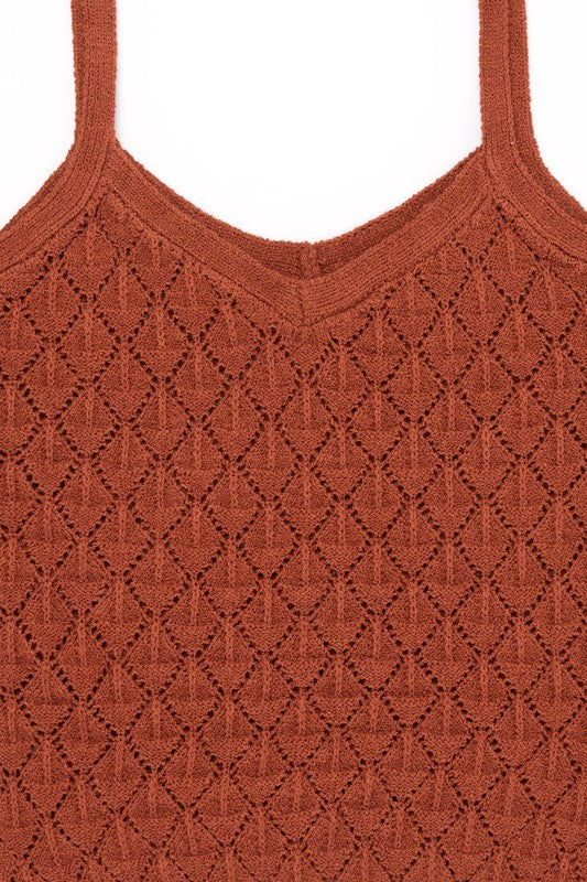 Crochet knit tank- Crochet knit tank- Pattern type : solid- Sleeve length : sleeveless- Stretch : stretch- Sheer : sheer due to loose texture- Care instruction : machine wash cold, o