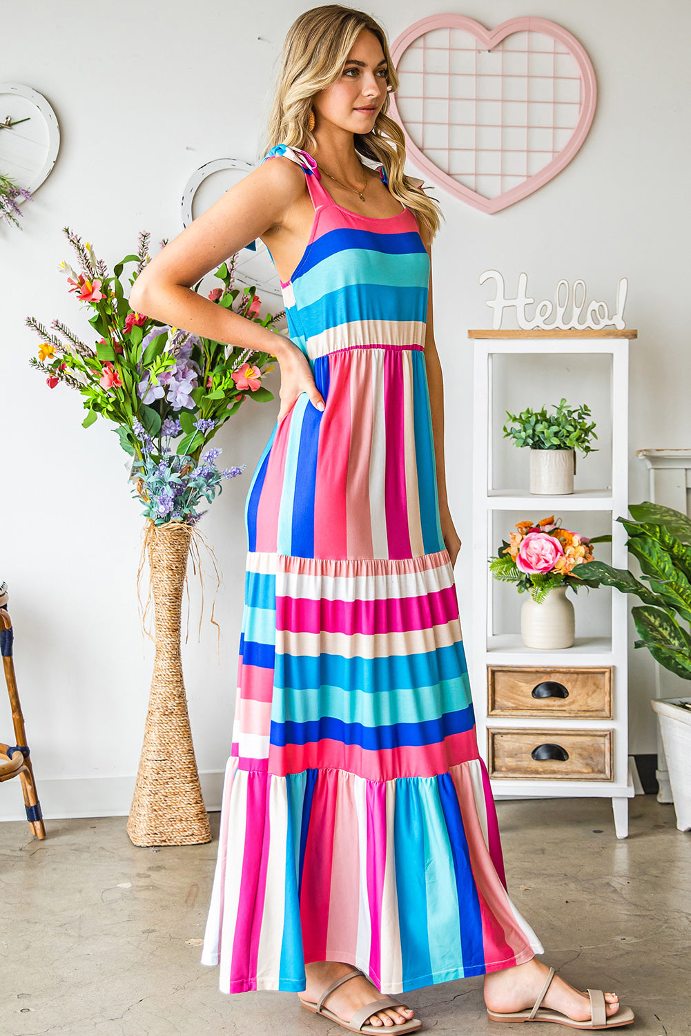 Multicolor Striped Print Bow Knot Straps Sleeveless Maxi Dress