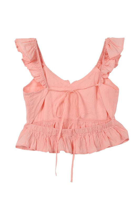 SL ruffled top with flare*Pink open back tie peplum top with ruffle trim*Pattern type : solid*Neck line : round scoop neck*Sleeve length : sleeveless*Stretch : no stretch*Sheer : not lined, 