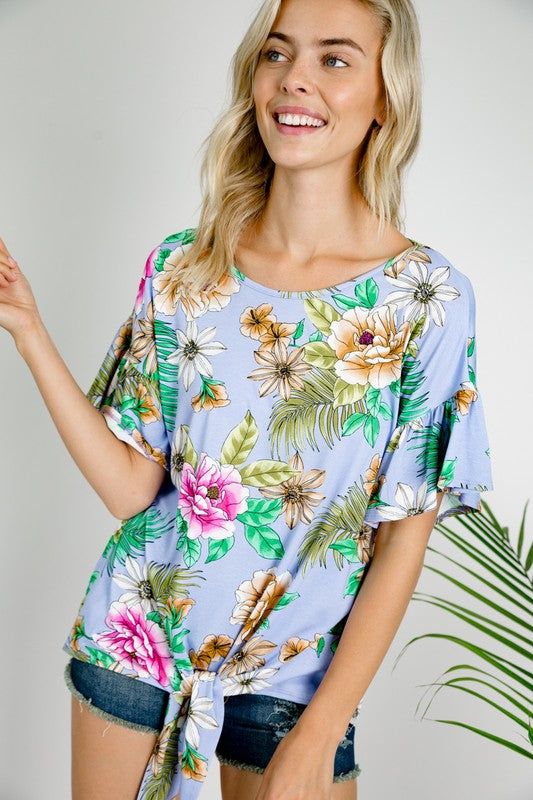 FLORAL RUFFLE SLEEVE TIE BOTTOM TOPFLORAL JERSEY RUFFLE SHORT SLEEVE FRONT TIE BOTTOM ROUND NECK TOP95% RAYON, 5% SPANDEX MADE IN USAS/M/L 2-2-2
Style: Casual
Print / Pattern: FLORAL
Fit: Loose
Embell