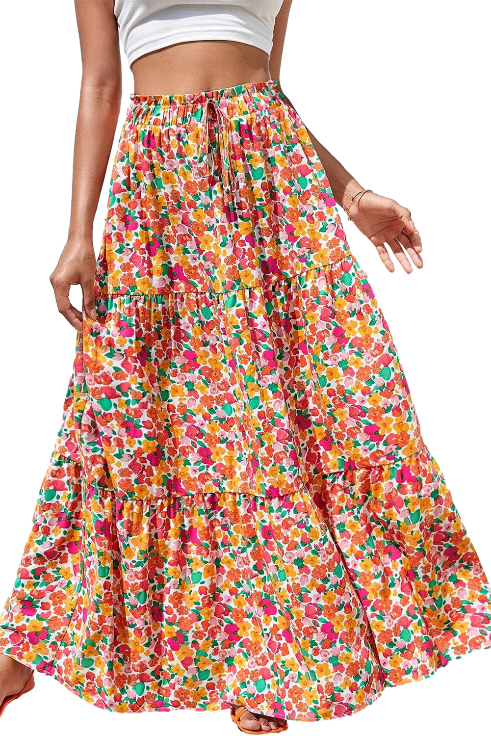 Yellow Boho Floral Print Tiered Maxi SkirtMaterial:100%Polyester

• Embrace the sunshine with this skirt, featuring a vibrant yellow hue that exudes positivity and joy, perfect for vacation adventures. 
• 