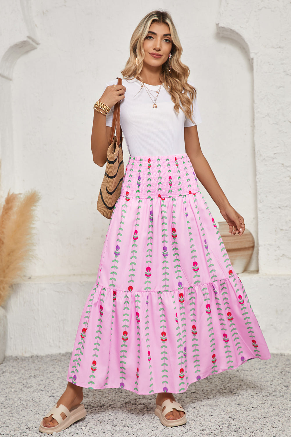 Pink Smocked Waist Tiered Maxi SkirtMaterial:100%Polyester

• Effortlessly chic in pink, this maxi skirt exudes a casual summer vibe perfect for daily wear.
• The shirred waist adds a touch of textur