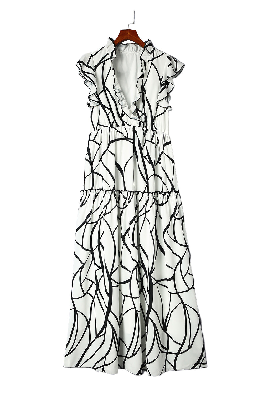 White Abstract Print V Neck Ruffle Maxi DressMaterial:100%Polyester



		The dress has a V-neckline, which adds a touch of femininity to the overall look. 
	
	
		It also has ruffle details on the shoulders