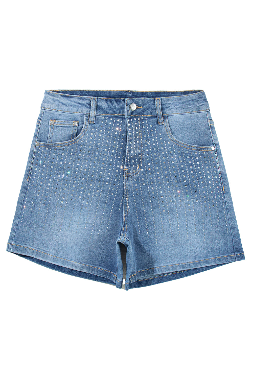 Ashleigh Blue Rhinestone Embellished Denim ShortsMaterial:55%Cotton+42%Viscose+3%Elastane

• Elevate your summer style with the shorts, featuring dazzling rhinestone embellishments that catch the light for a glamo