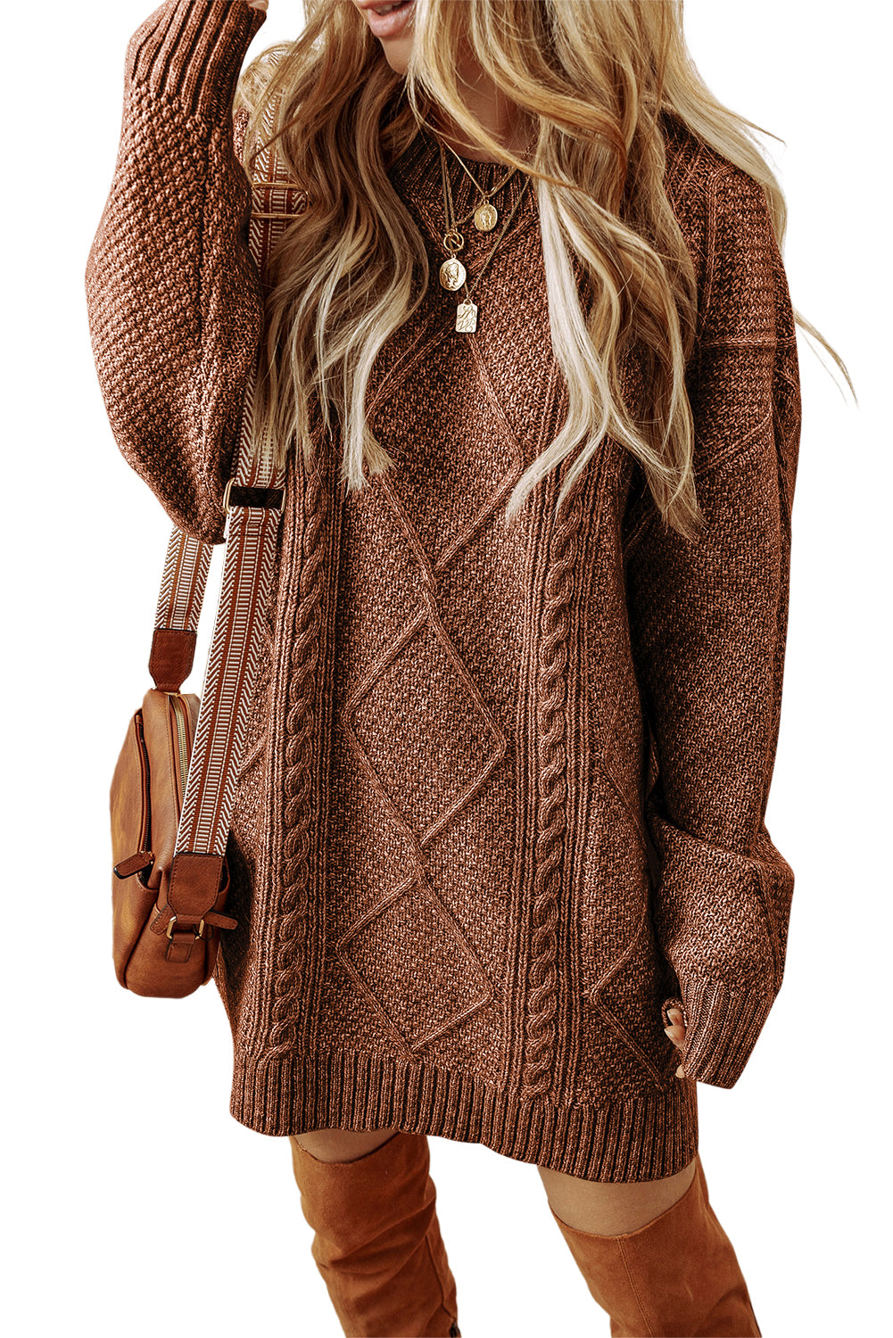 Parchment Twist Cable Knit Drop Shoulder Loose Fit Sweater Dress