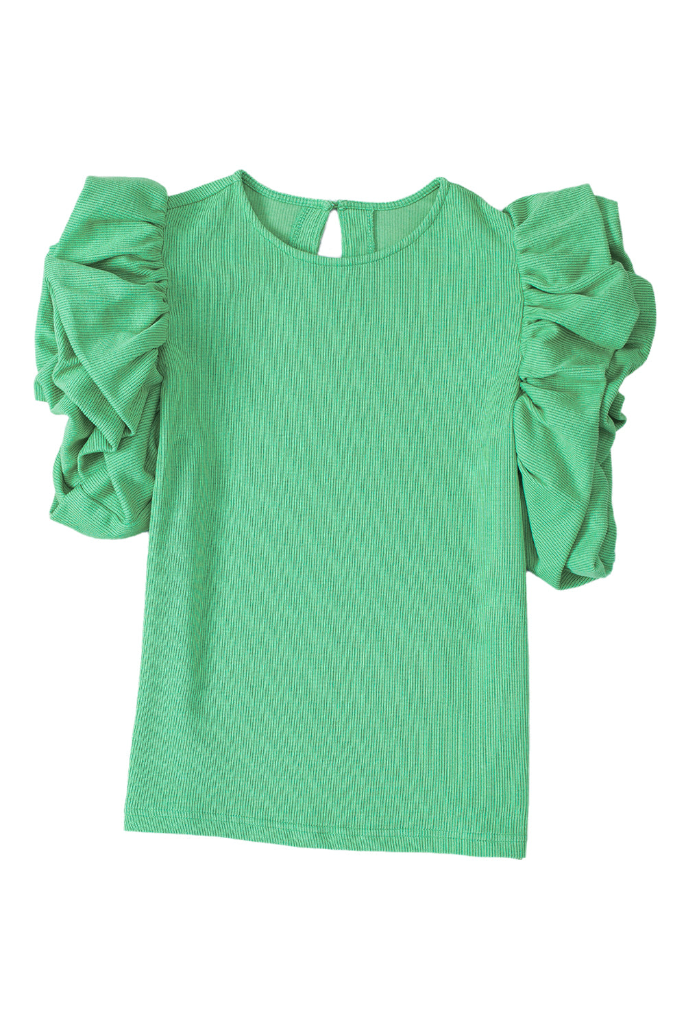 Green Solid Color Ruffle Sleeve Ribbed BlouseMaterial:65%cotton+33%polyester+2%Elastane



		The blouse features ruffle sleeves, which add a playful and romantic touch to the overall design. 
	
	
		The sol