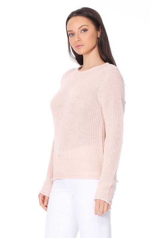 Light Weight Waffle Knit Rollup Finish Sweater Top- 22-24" Length, Wide Hem.- Light Weight, Hacci Stitch Sweater Top- Long Sleeve, and Clean Rolling Finish at Sleeve and Bottom Hem- Wonderful Light Sweater Top for S