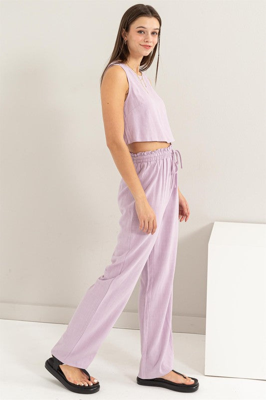 D-Linen Blended Top and Pants SetIndulge in the luxurious comfort of our D-Linen Blended Top and Pants Set. Crafted from a soft rayon-linen blend fabric, this matching set offers both style and comf