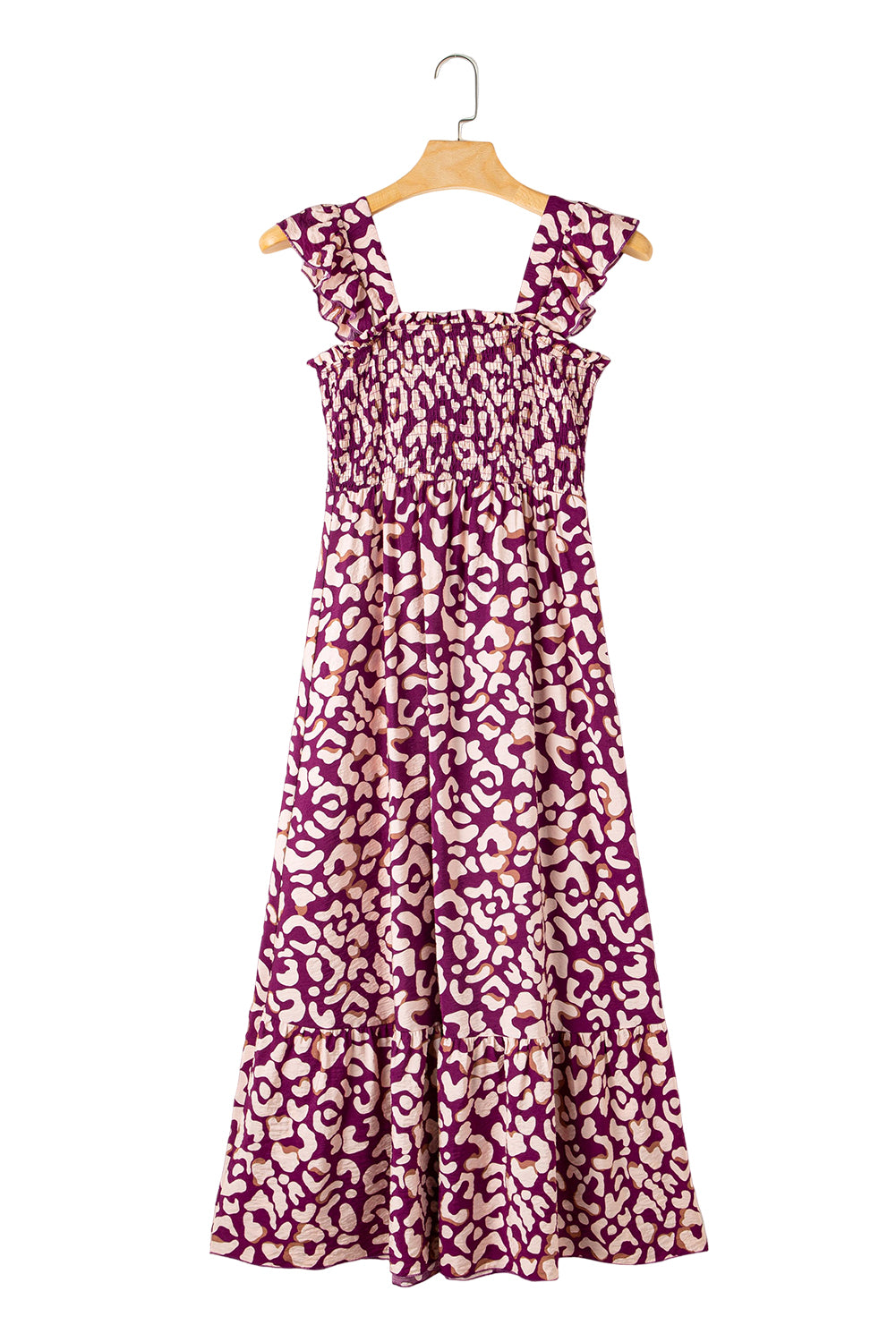 Rose Leopard Ruffle Straps Smocked High Waist Maxi DressMaterial:80%Viscose+20%Polyamide



		This dress with print is a fashionable choice for any occasion
	
	
		Its leopard print adds a trendy touch while the ruffl