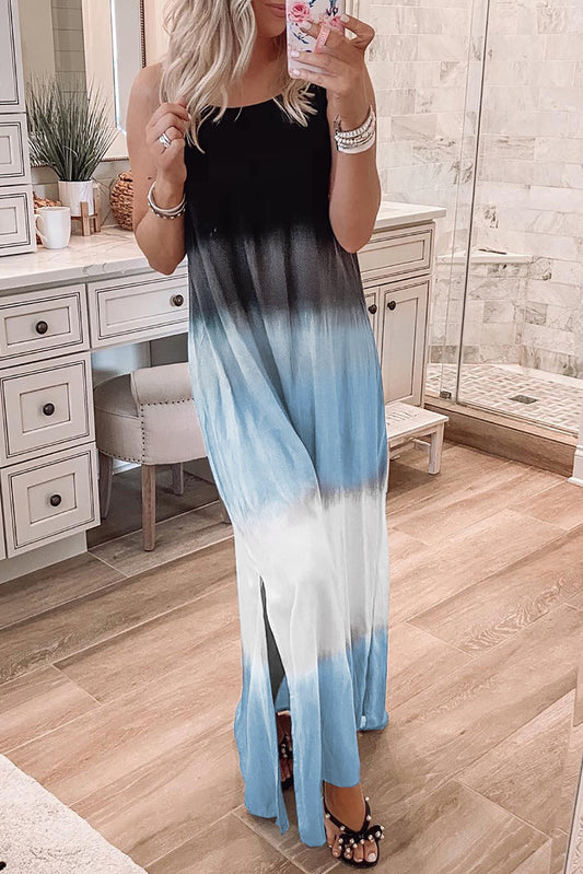 Sky Blue Tie Dye Spaghetti Strap Slit Maxi Dress