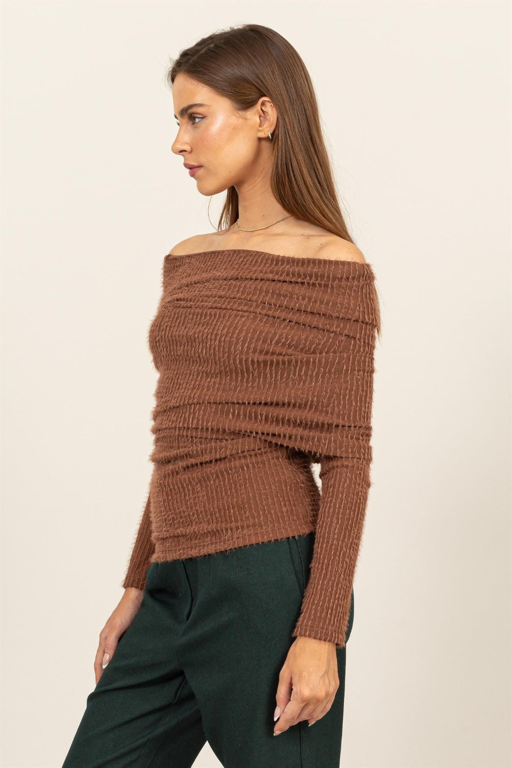 HYFVE Fuzzy Off Shoulder Textured Knit TopEnhance your style with this sophisticated Fuzzy Off-Shoulder Textured Knit Top. Boasting a unique combination of ribbed and fuzzy textures, this knit top is not onl