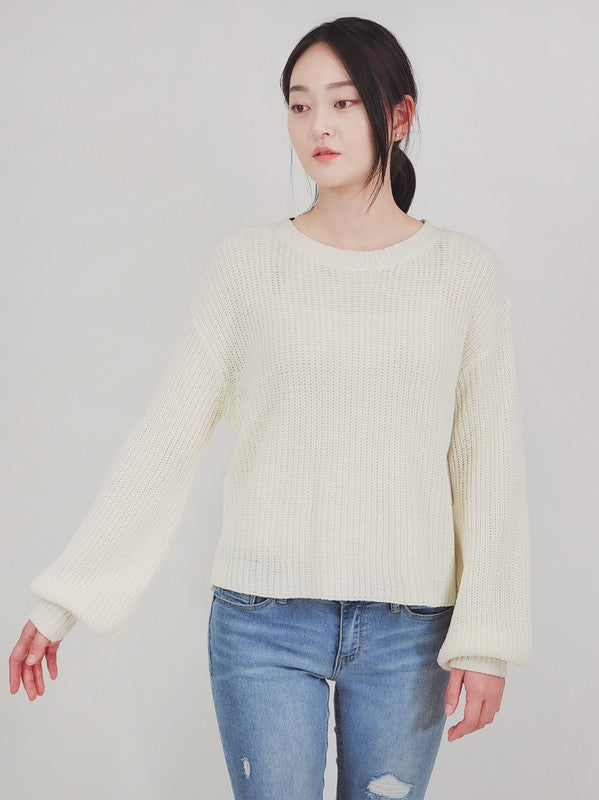 Puff Bell Sleeve Waffle Knit Pullover Sweater Top- 20-21" Length, - Bell Sleeve, Wide Hem, .- Silky Mohair Touched Acrylic Yarn.- Waffle Stitch - Puff Bell Sleeve, and Clean Finish at Bottom Hem- Wonderful Light We