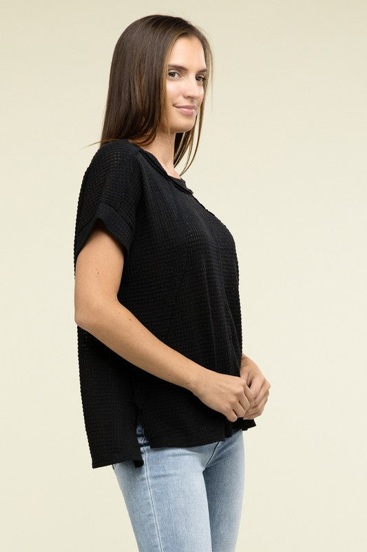 Brushed Waffle Exposed-Seam Short Sleeve TopElevate your casual wardrobe with this Brushed Waffle Top, featuring side slits, exposed seam details, and a stylish hi-low hem. Perfect for a relaxed yet trendy loo